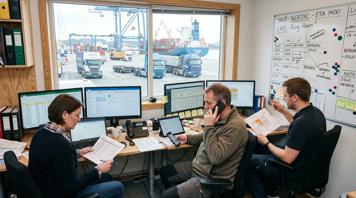 A Scandinavian logistics office — staff coordinating shipments across spreadsheets, phone calls and a whiteboard, with port operations visible through the window.