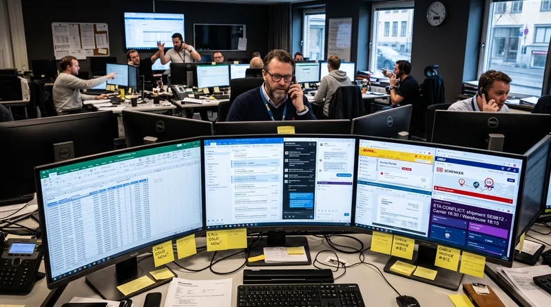 A logistics control room with planners on the phone and desks full of screens and sticky notes.